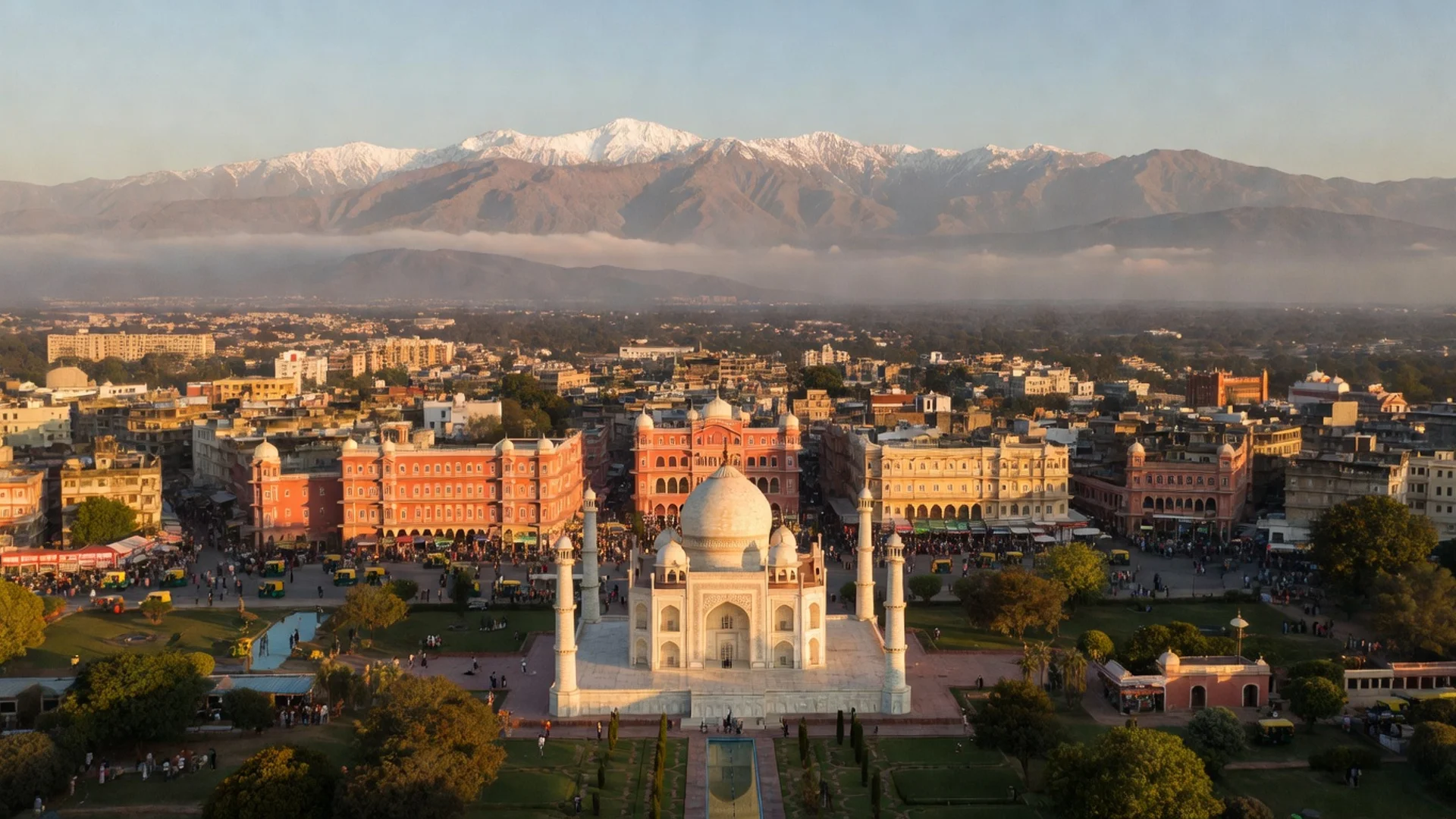 Aerial view of India with Taj Mahal and Himalayan mountains